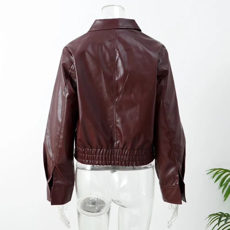 Chaqueta de Cuero Vintage con Cremallera para Mujer
