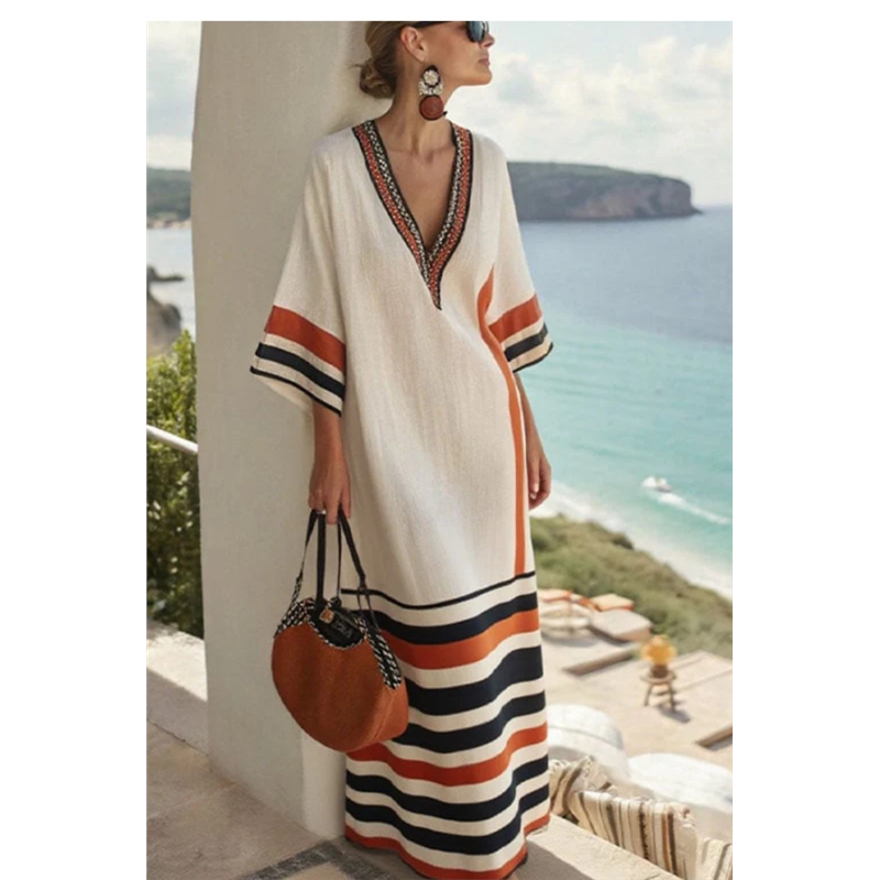 Vestido Estampado con Cuello en V, Manga Tres Cuartos y Bolsillos de Parche Delanteros