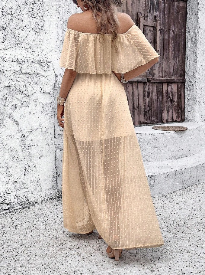 Vestido de hombros Descubiertos, Color Liso y Manga Corta