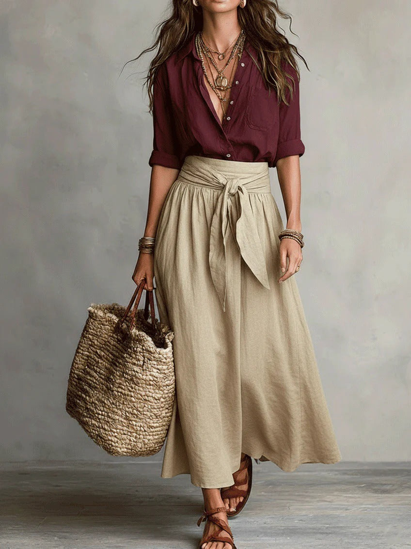 Conjunto de Dos Piezas de Blusa y Falda Casual