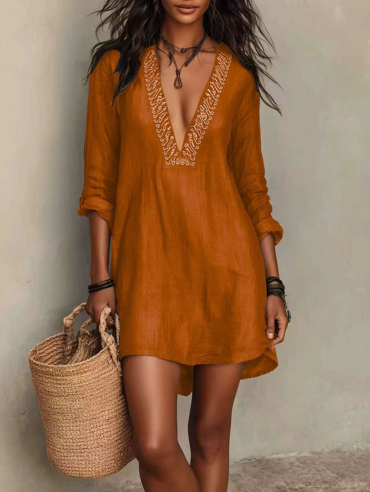 Vestido Elegante de Cuello en V, Manga Media, Estilo Resort
