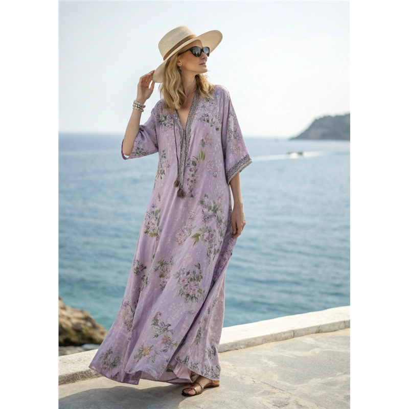 Vestido Estampado con Cuello en V, Manga Tres Cuartos y Bolsillos de Parche Delanteros