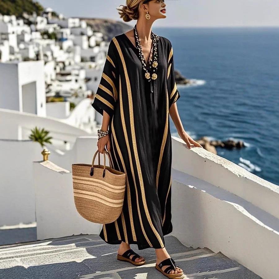 Vestido Estampado con Cuello en V, Manga Tres Cuartos y Bolsillos de Parche Delanteros