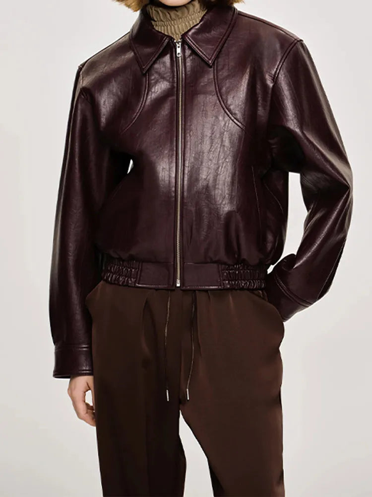 Chaqueta de Cuero Vintage con Cremallera para Mujer