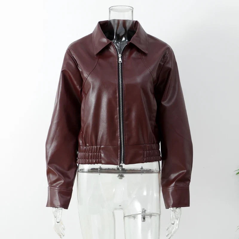 Chaqueta de Cuero Vintage con Cremallera para Mujer