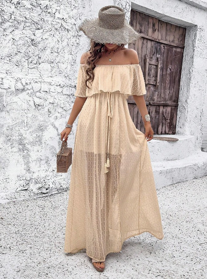 Vestido de hombros Descubiertos, Color Liso y Manga Corta