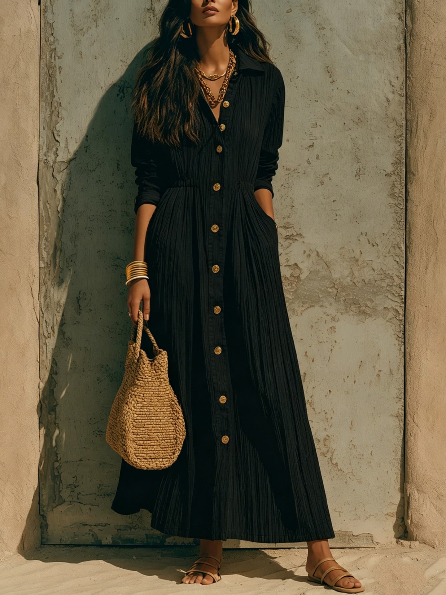 Vestido Largo Elegante de Color Liso para Mujer