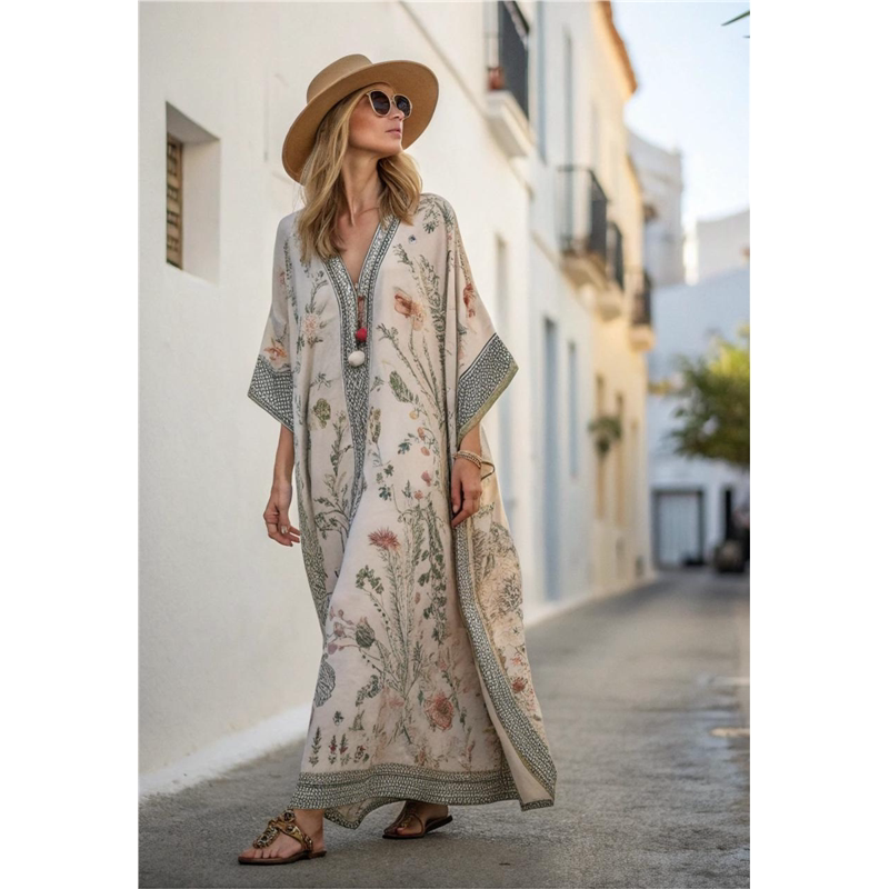 Vestido Estampado con Cuello en V, Manga Tres Cuartos y Bolsillos de Parche Delanteros
